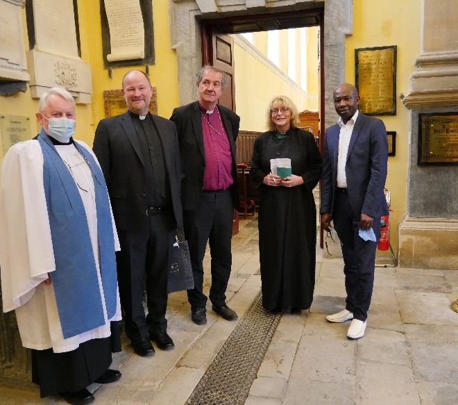 Before the service - l-r Wilfrid Baker, Dean Hayes, Bishop Burrows, The Reverend Christine Smyth O'Dowd with the Methodist representative at the installation service rs