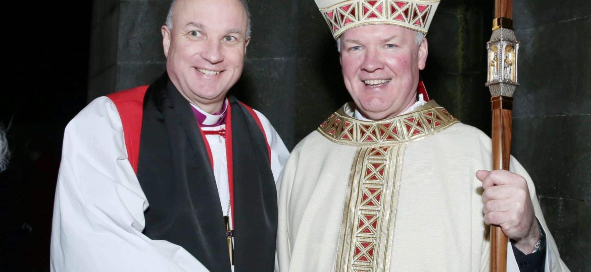 Bishop Adrian Wilkinson congratulating Bishop Niall Coll after his consecration as Bishop of Ossory - photo credit John McElroy