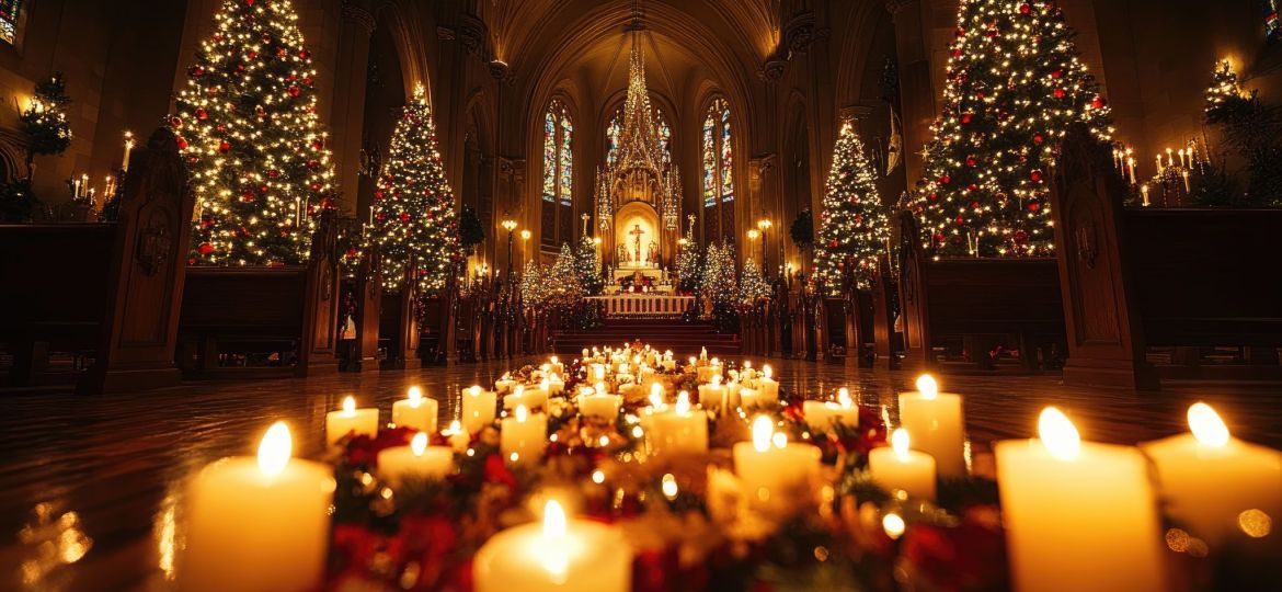 Christmas eve in church: many lit candles leading to the altar decorated for christmas mass