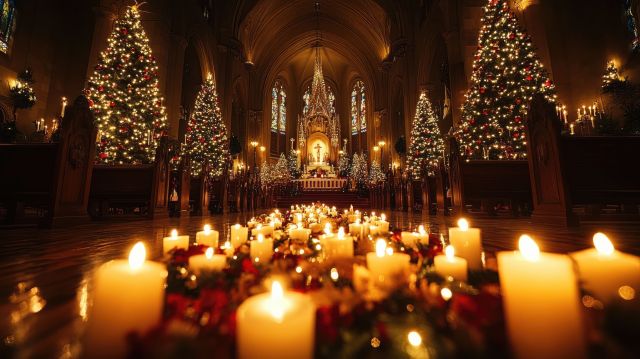 Christmas eve in church: many lit candles leading to the altar decorated for christmas mass